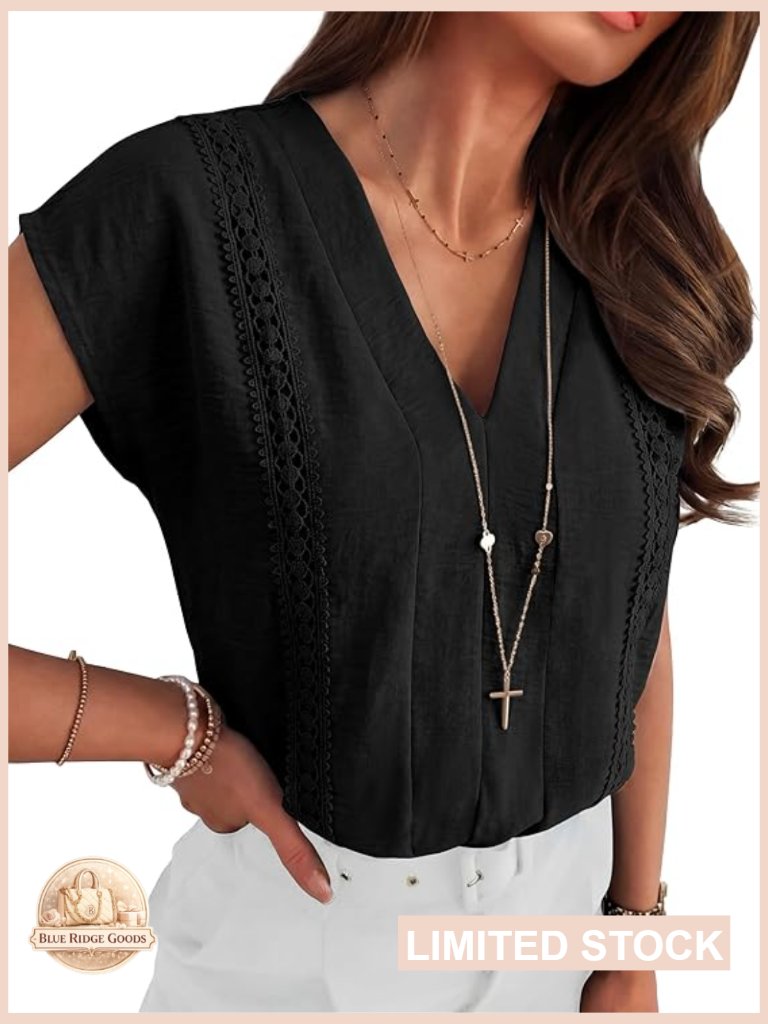 V Neck Lace Trim Blouse Short Sleeve Casual Boho Top Loose Fit Dressy